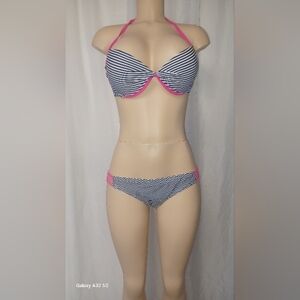 HOT WATER SIZE L. Striped Bikini Set with Pink Accents